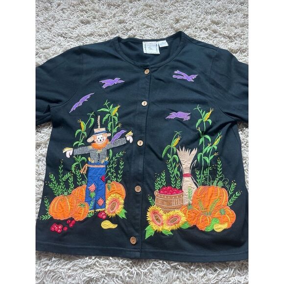 Vintage Michael Simon Fall Scarecrow Black Cardigan Sweater Women’s Large - Picture 2 of 8